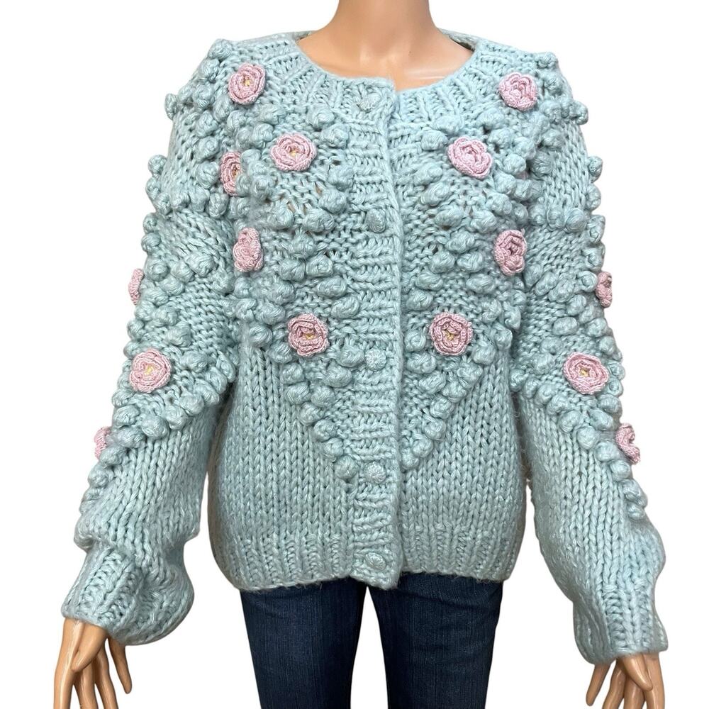 Sugar Thrillz Crochet Flower Bobble Knit Cardigan 3X Button Down Cottagecore